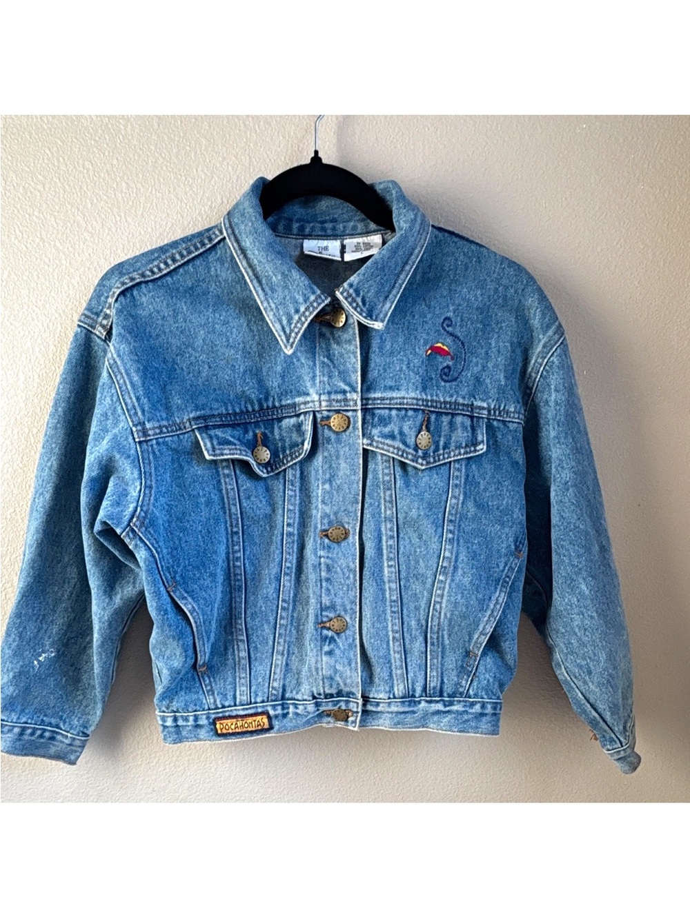 Vintage Disney Pocahontas Youth L Denim Jacket Embroidered Fringe Meeko 90s